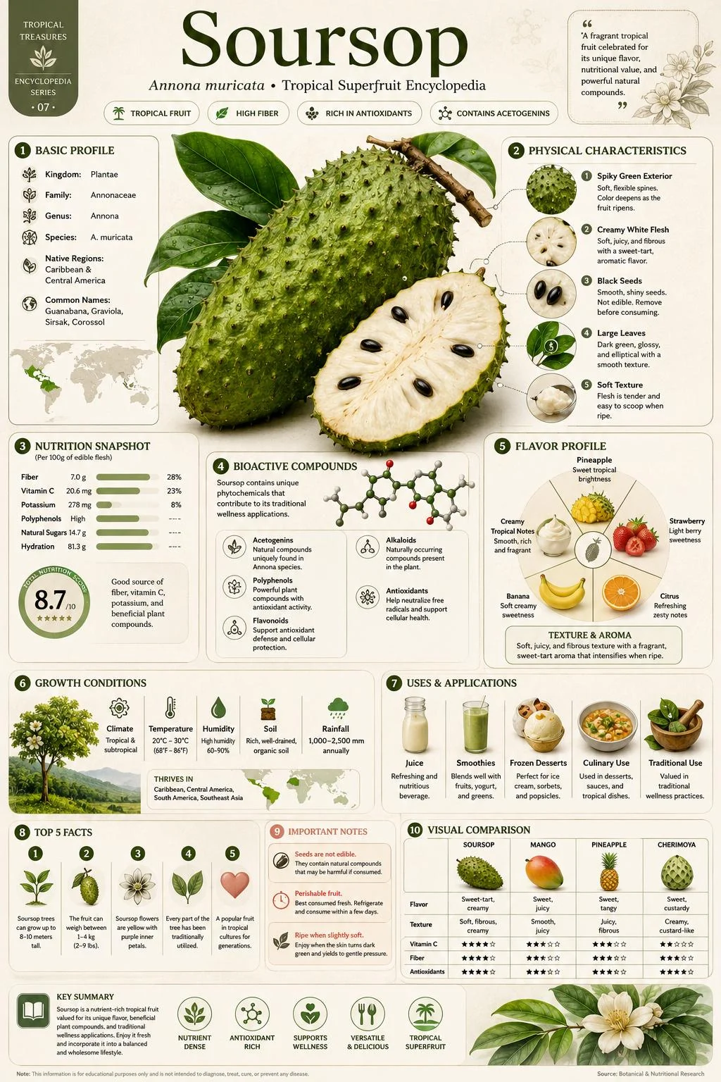 Soursop encyclopedia poster: basic profile and classification, physical characteristics, nutrition snapshot, bioactive compounds, flavor profile, growth conditions, uses, five key facts, important notes, and a comparison against mango, pineapple and cherimoya