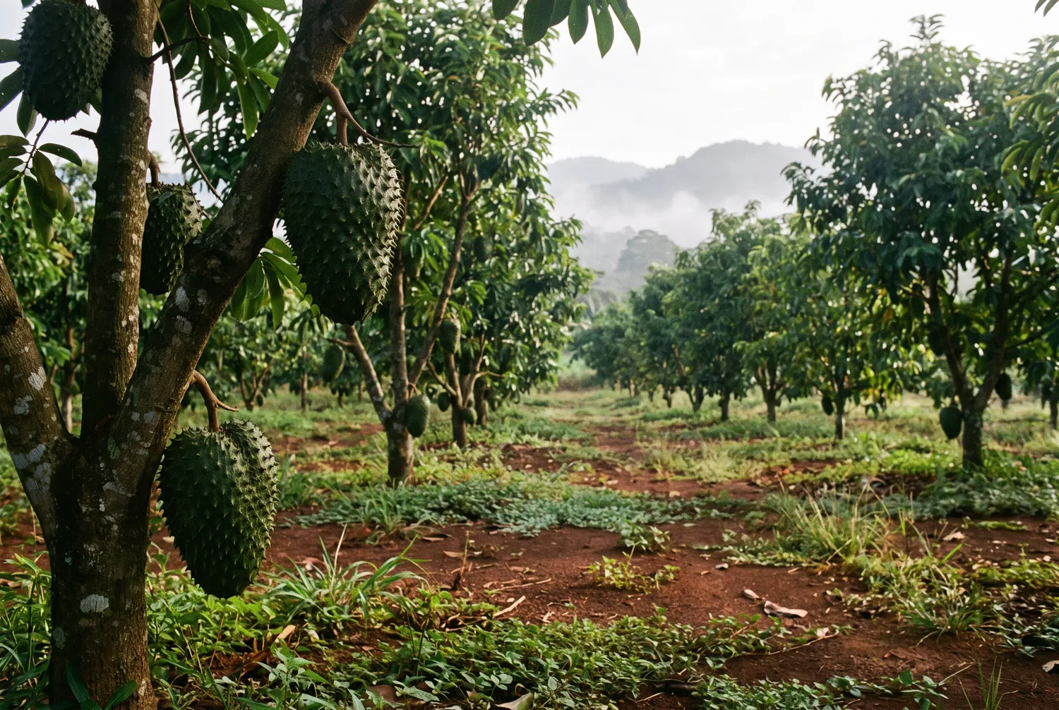 Rows of soursop trees in a misty tropical orchard at dawn, fruit hanging from the trunks
