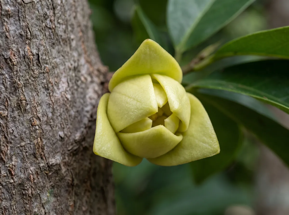 A pale yellow-green soursop flower with three thick triangular petals emerging directly from the bark of the tree trunk