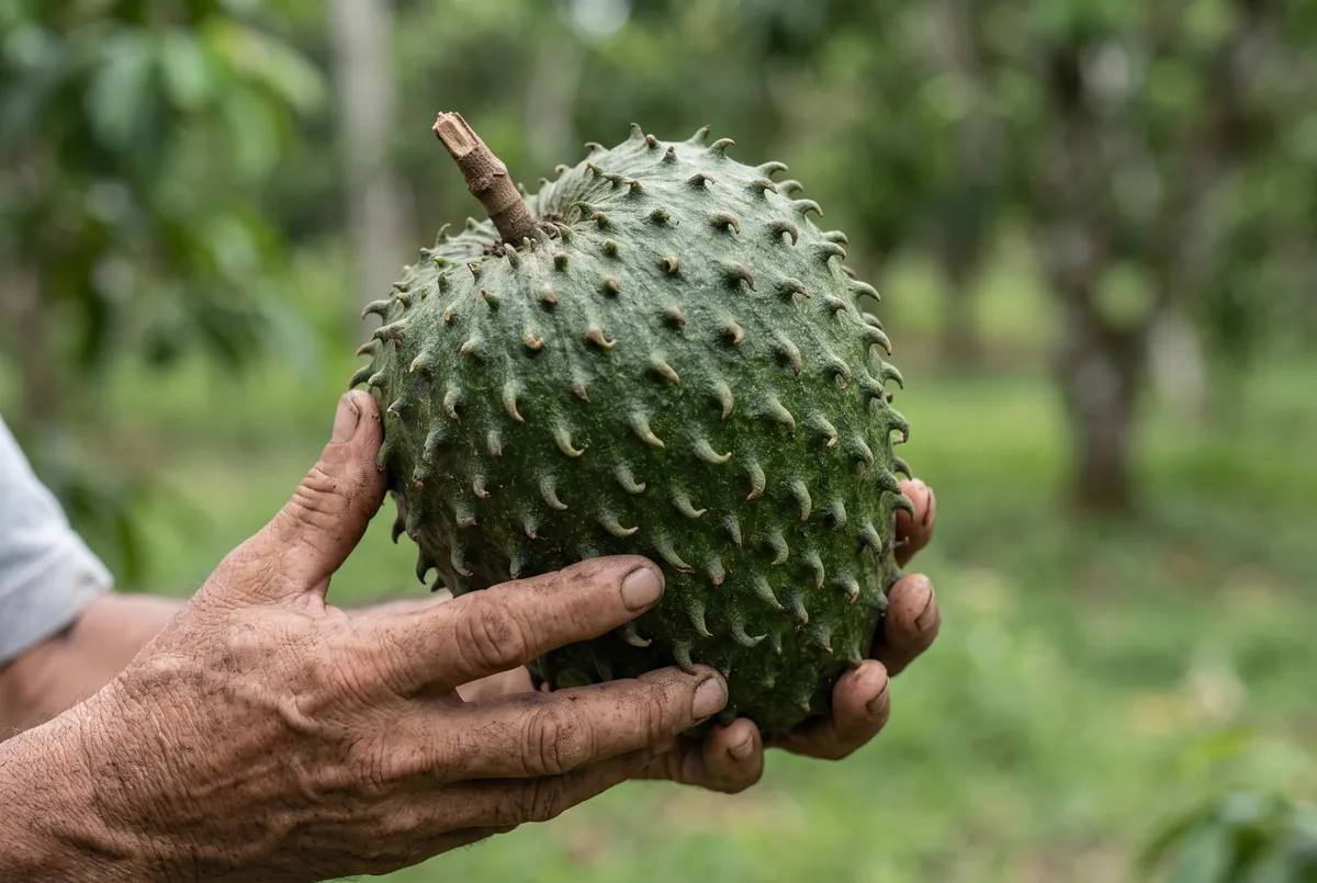 Two weathered hands cupping a freshly picked green soursop, its soft spines bending under the fingers
