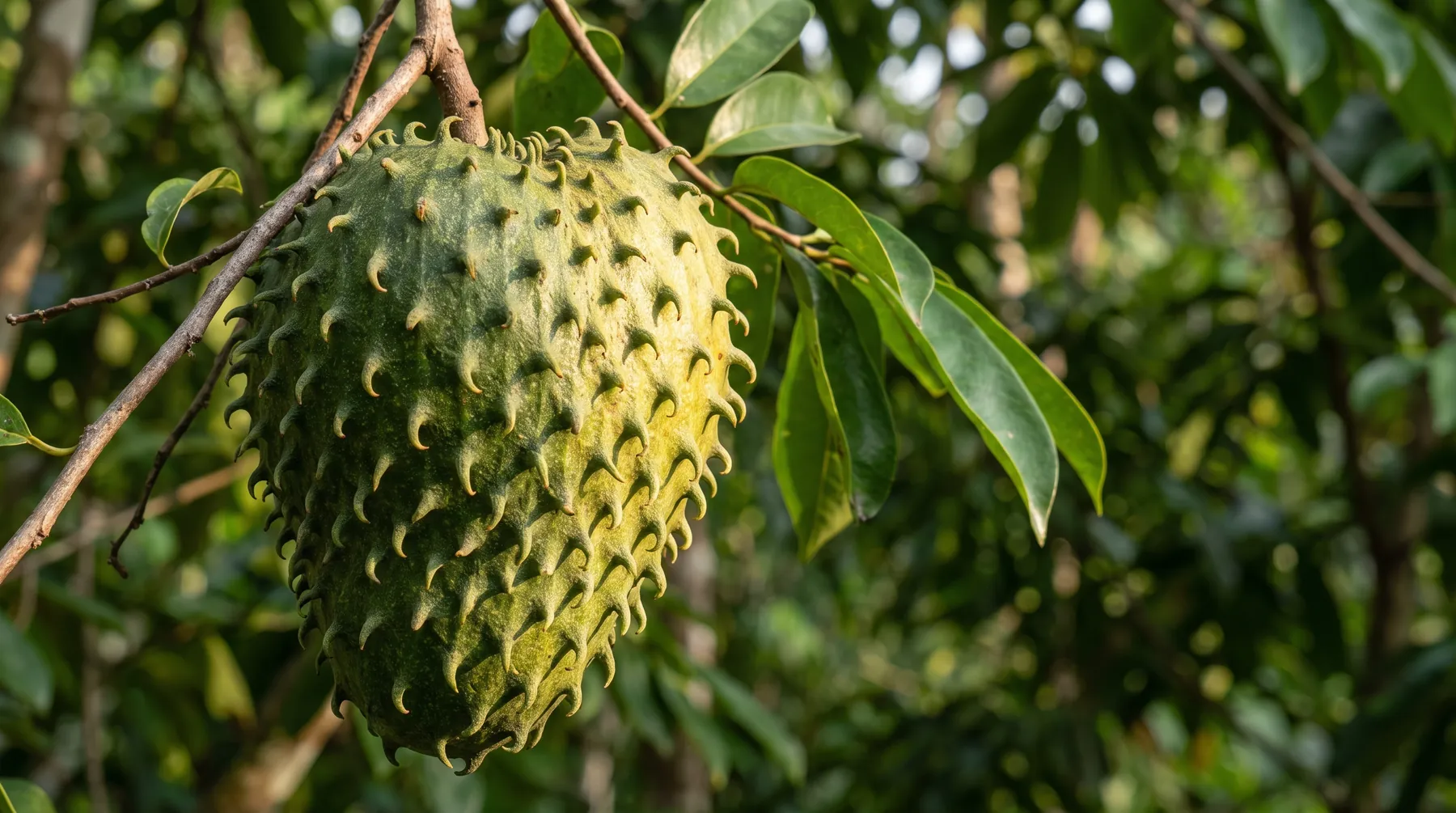 A ripe soursop hanging from a branch, its dark green skin covered in soft curved spines