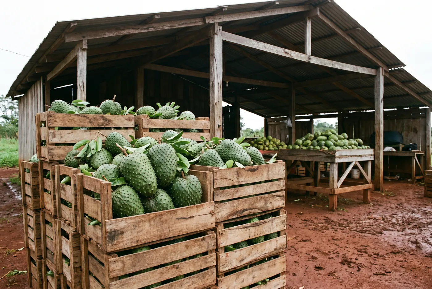 Wooden crates of freshly picked green soursop fruits stacked under an open-sided shed at a farm