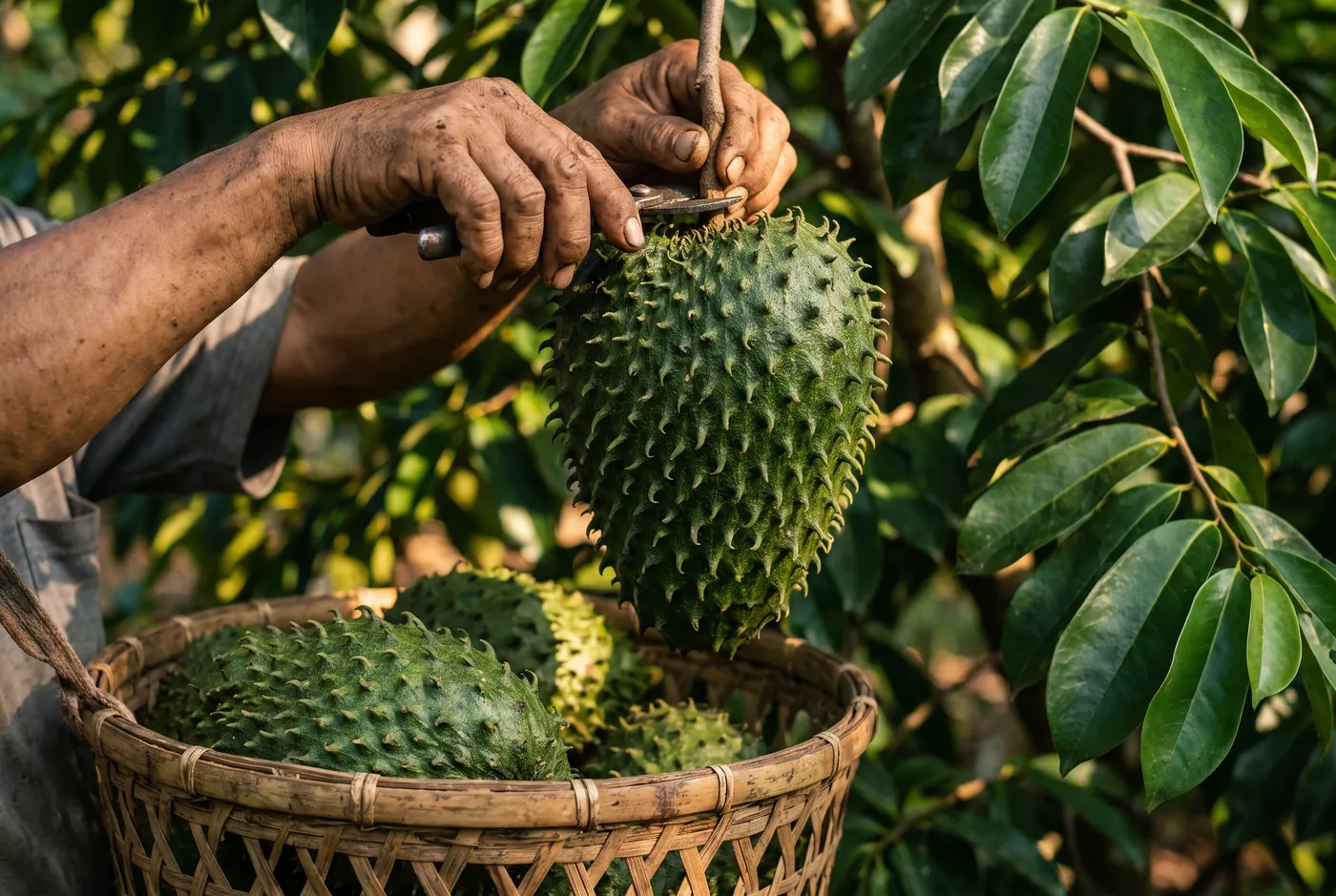 A farmer's hands cutting a large green soursop fruit from a branch with shears, a woven basket of picked fruit below