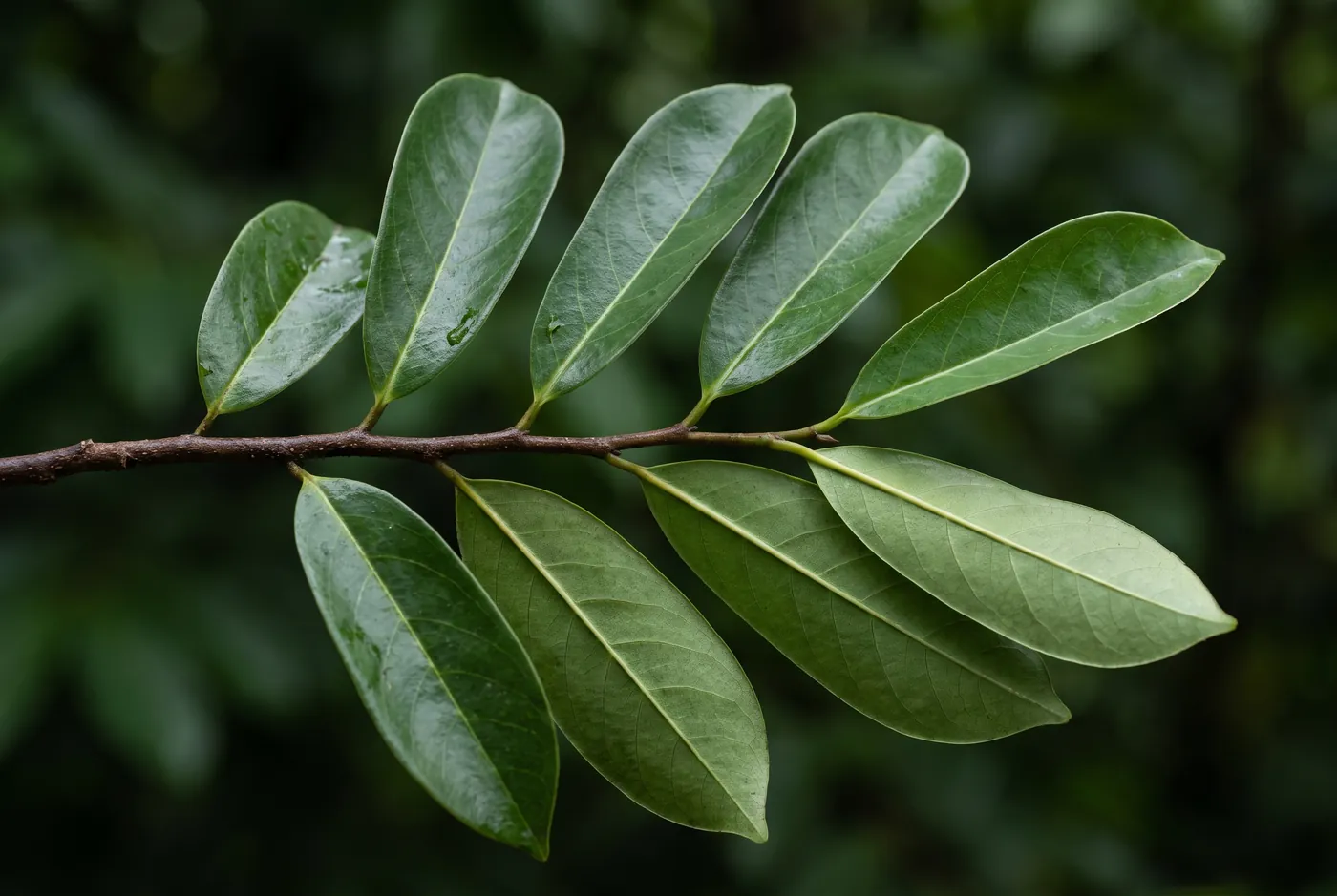 Glossy dark green oblong soursop leaves arranged alternately along a slender branch