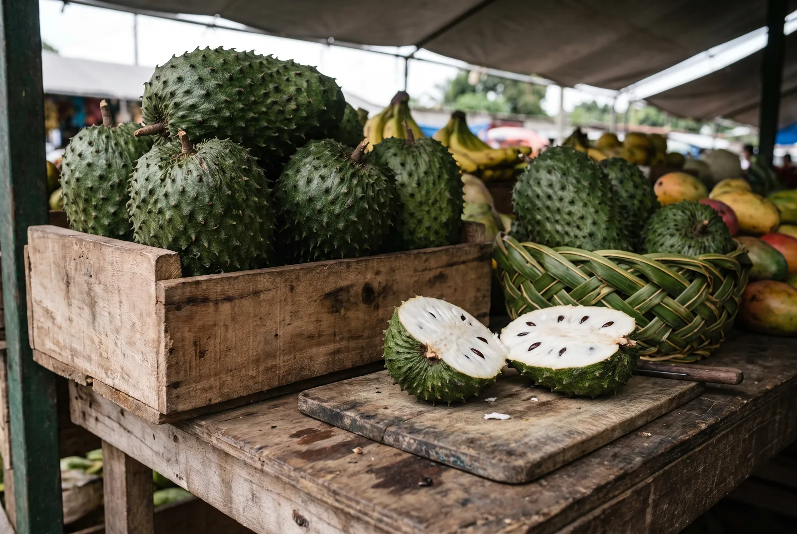 Soursop fruits piled in a wooden crate at a tropical market stall, with one cut open to show the white pulp and black seeds