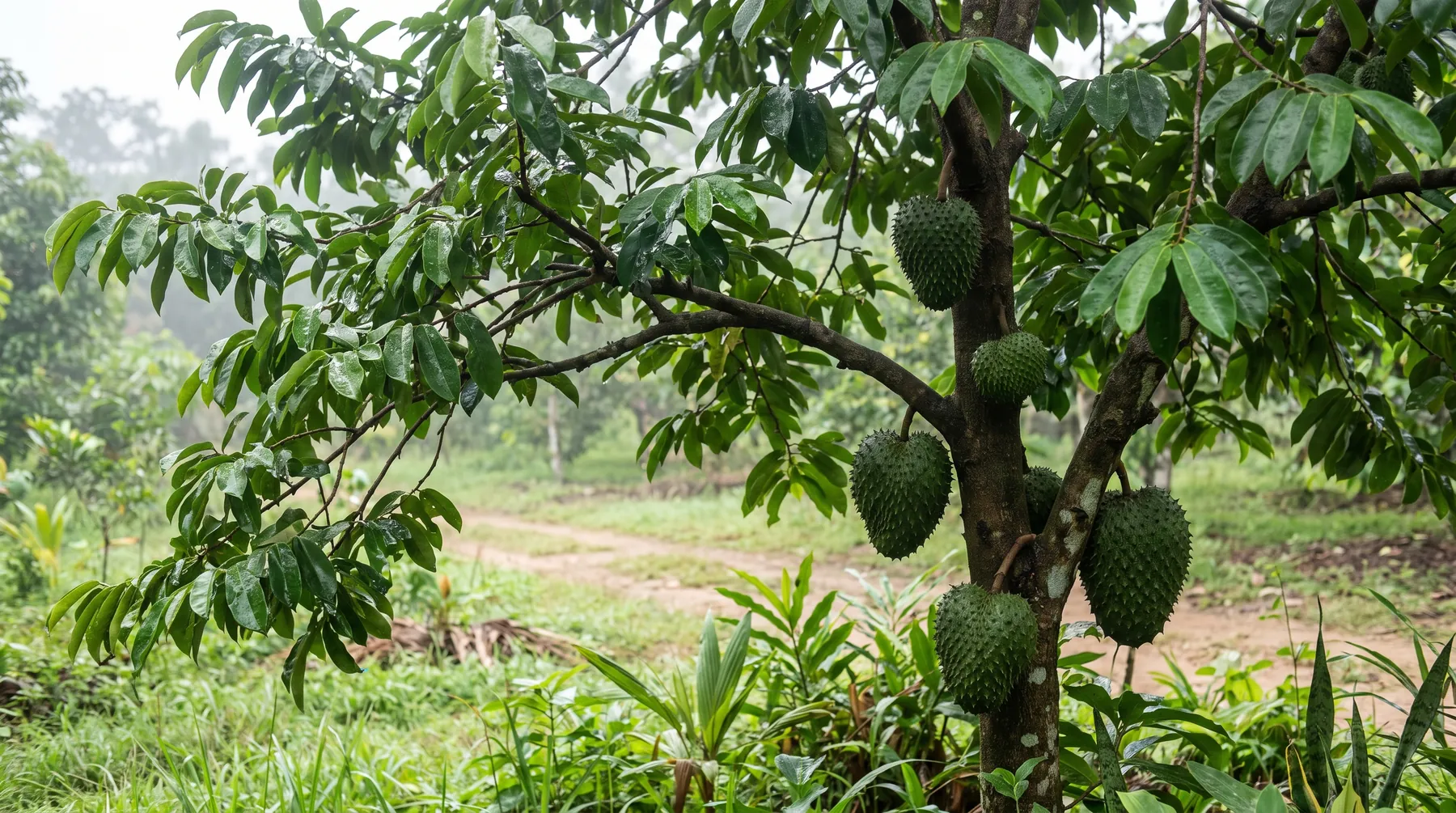 A soursop tree in a tropical orchard with several large green fruits hanging directly from its trunk and older branches